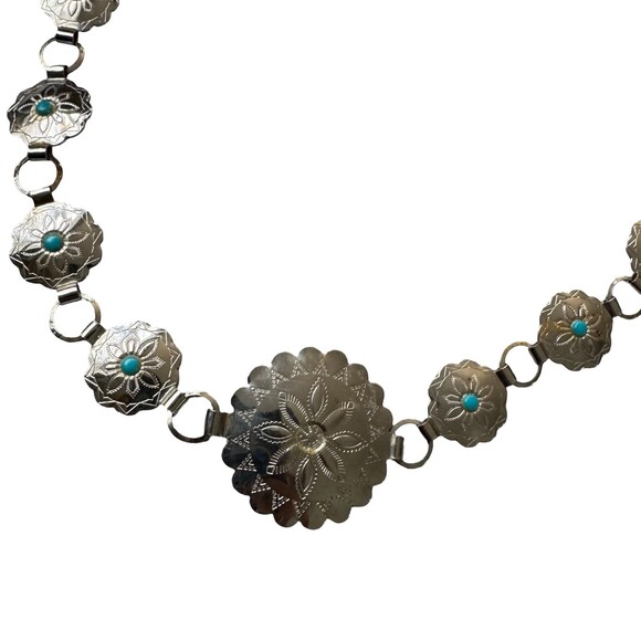 Vintage 80s Southwest Silver Tone Aluminum Concho Belt Turquoise womens small